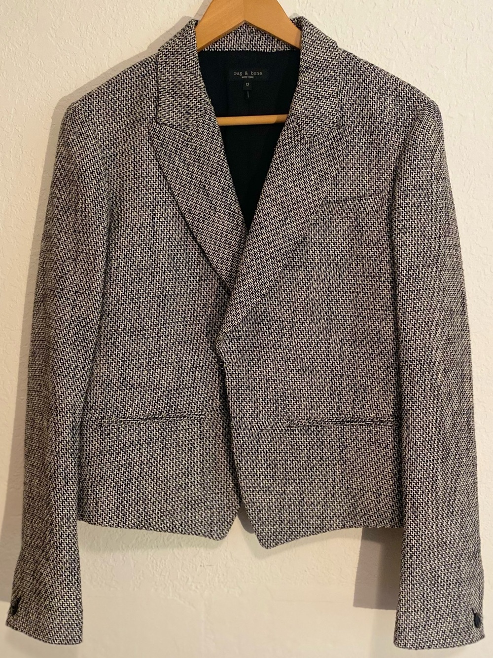 rag & bone New York Black & Cream Cotton Blend Tweed Blazer Size 12